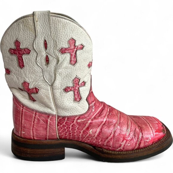 Ferrini Pink White Crosses Leather Distressed Western Cowgirl Cowboy Boots 8.5 - Picture 7 of 15